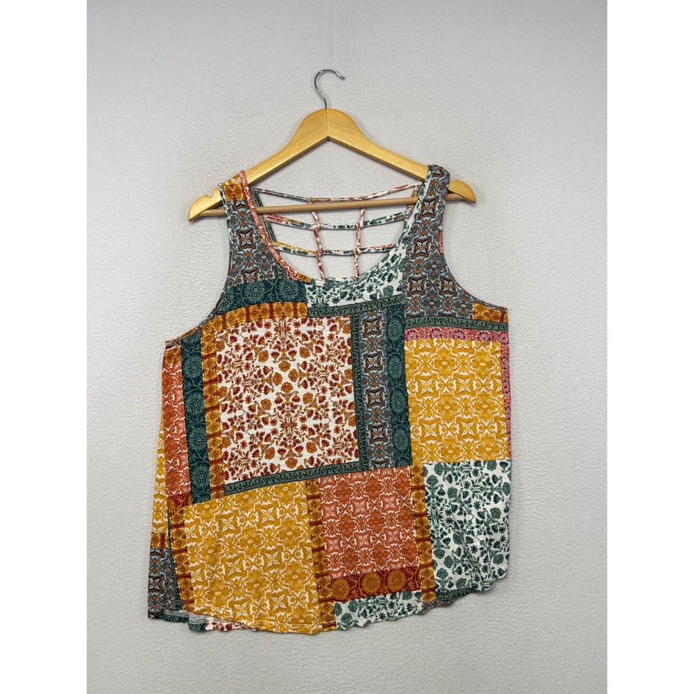 Boho Patchwork Maurices Womens XL Multicolor Strappy Lattice Back Tank Top